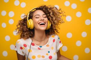 AI generated a young woman is wearing headphones and dancing in front of a yellow background photo