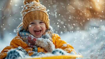 ai generado un contento niño paseos un trineo abajo un Nevado colina y mira a el cámara foto