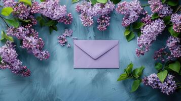 AI generated Lovely spring lilac flowers arranged with an empty purple envelope against a blue backdrop. photo