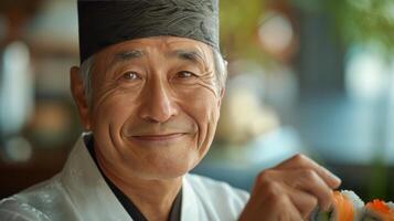 AI generated A smiling Japanese chef, adorned in traditional attire, gazes warmly into the camera while holding a sushi roll photo