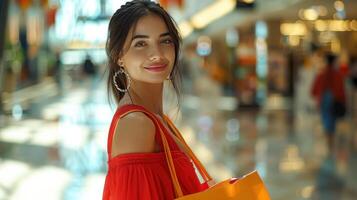 AI generated A beautiful young woman in red dress with a bright shopping bag stands and looks smiling at the camera photo