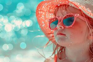 ai generado alegre niño con naranja Gafas de sol foto