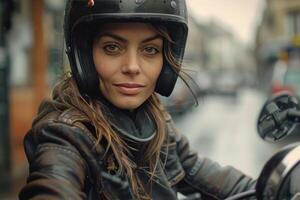 ai generado joven hermosa mujer motorista se sienta en su motocicleta y mira dentro el cámara sonriente foto