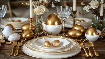 ai generado festivo Pascua de Resurrección conjunto mesa con blanco cerámico platos, cerámico dorado huevos, dorado tenedores y cuchillos, flores foto