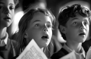 AI generated children sing while holding a white piece of paper photo