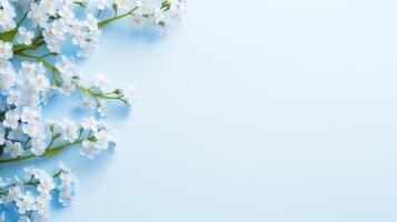 AI generated Minimalistic light blue background, on the left there is a bouquet of forget-me-nots with large copyspace area photo