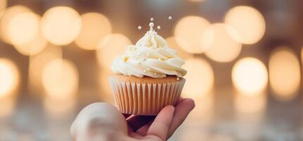 AI generated cupcake on table in background with candles photo