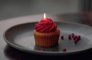 AI generated cupcake with a single lit candle photo