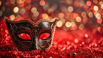 AI generated Venetian Masks on Red Glitter with Shiny Streamers Against Abstract Defocused Bokeh Lights. photo