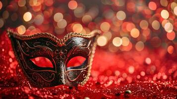 AI generated Venetian Masks on Red Glitter with Shiny Streamers Against Abstract Defocused Bokeh Lights. photo