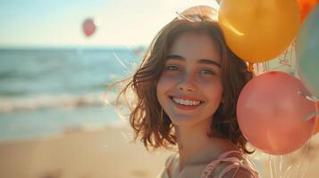 AI generated A joyful young woman with a bouquet of vibrant balloons on the beach photo