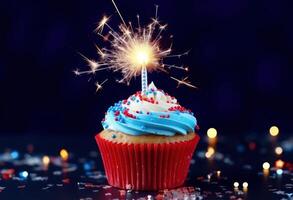 AI generated blue cupcake with sparkler celebration photo