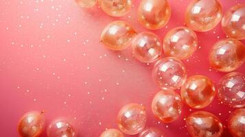 ai generado marco de oro y transparente inflable globos con Brillantina en un minimalista rosado antecedentes foto