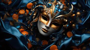 AI generated carnival masks, parties, events and party on dark background photo