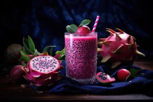 AI generated a pink smoothie with dragon fruit leaves next to it photo