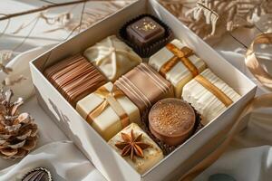 AI generated a box of different chocolates with gold ribbon and ribbons photo