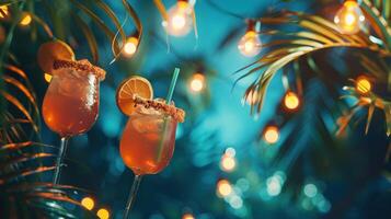 AI generated Abstract minimalistic background for a summer holiday party with palm trees, alcoholic cocktails, garlands photo