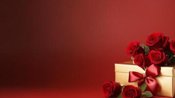 AI generated Gorgeous minimalistic red backdrop adorned with red roses and a small golden gift box, featuring an off-center composition and plenty of space for text. photo