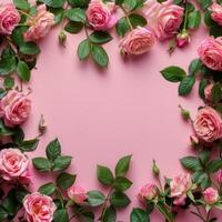 AI generated A banner featuring a frame crafted from rose flowers and green leaves against a pink backdrop. photo