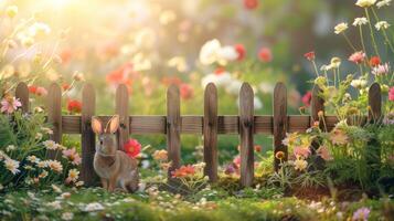 AI generated A picturesque Easter scene with vibrant flowers, a rustic wooden fence, and a charming bunny photo