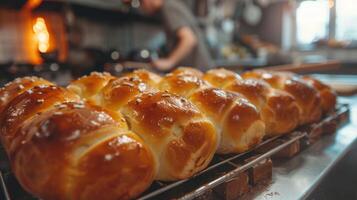 AI generated Baking Treats. Kitchen filled with aroma of freshly baked hot cross buns photo