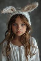 ai generado un bonito niña en conejito orejas con grande ojos en un gris fondo, Listo a celebrar Pascua de Resurrección foto