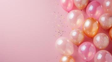 AI generated Frame of gold and transparent inflatable Balloons with glitter on a minimalistic pink background photo