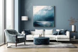 AI generated a simple living room with simple furniture and blue art photo