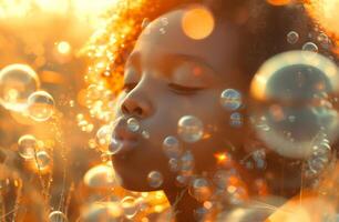 AI generated child blowing bubbles in grassy field photo