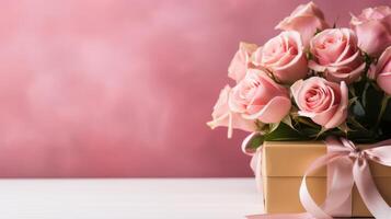 AI generated Beautiful minimalistic pink background with pink roses and a small golden gift box with large copyspace area photo