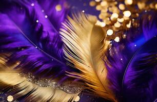 AI generated purple and gold feathers and gold gold confetti background photo