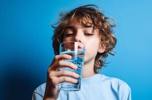 ai generado un chico Bebiendo agua desde un vaso de agua foto