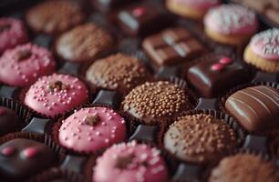 ai generado San Valentín día chocolate caja lleno de golosinas y galletas foto