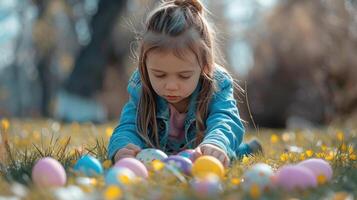 ai generado un joven niña coleccionar vistoso huevos en el parque, encarnando el Pascua de Resurrección cazar concepto foto
