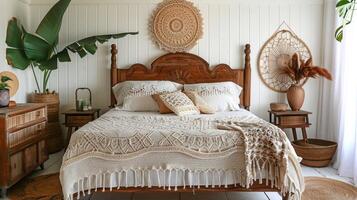 AI generated A wicker dreamcatcher hangs over a wooden bed with a white crocheted bedspread in boho style photo