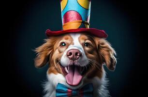 ai generado un linda perro vistiendo un payaso sombrero foto