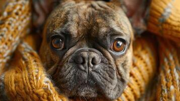 AI generated A charming French bulldog wears a comical expression, its wrinkled face conveying warmth and humor photo