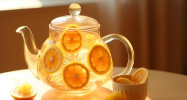 AI generated lemonade teapot with slices of lemon photo