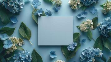 AI generated Mockup of an invitation card adorned with hydrangea and gypsophila flower decorations photo