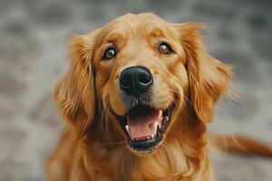 AI generated A playful golden retriever tilts its head, a look of joy and anticipation in its expressive eyes photo