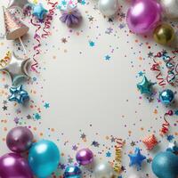 AI generated Festive frame or background featuring colorful balloons, gifts, confetti, silver stars photo