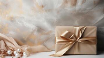 AI generated A tranquil abstract pattern, designed with simplicity and finesse, elevating the beauty of a gift box adorned with a satin ribbon. photo