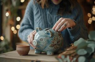 AI generated a woman is putting money into a piggy bank photo