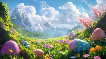 AI generated An enchanting Easter egg hunt backdrop, featuring lush grass photo