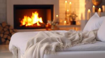 AI generated a white bed near a fireplace in a home photo