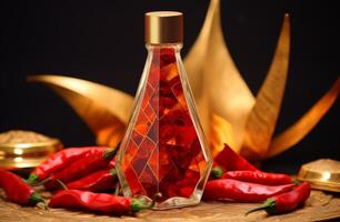 AI generated a bottle of hot sauce next to chilies, multifaceted geometry, made of glass photo