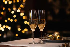 AI generated two glasses of champagne on the table by a christmas tree photo