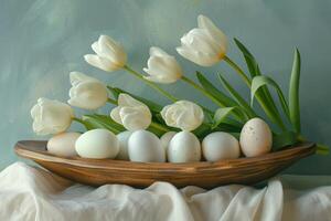 AI generated a wooden platter with eggs and white tulips photo