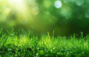 AI generated grass field with a green grass and sun rays photo