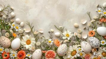 AI generated An Easter floral background featuring a variety of eggs and eggshells adorned with natural botanical elements photo